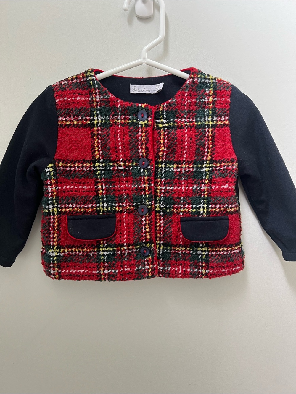 Patachou High End French Brand Red Plaid Tweed & Navy Sleeve Girls' Jacket